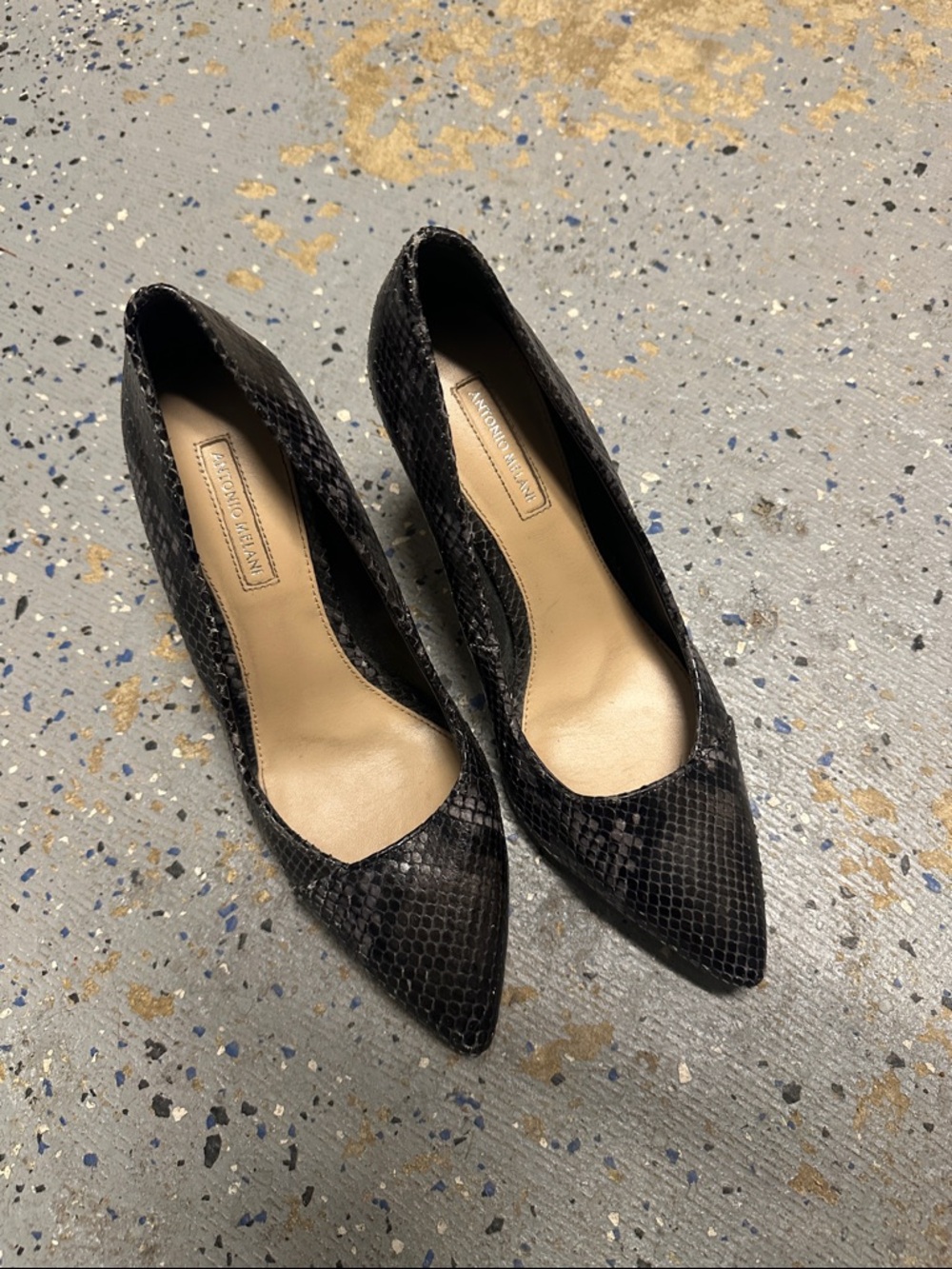 ANTONIO MELANI Black Snakeskin Pointed Toe Pumps